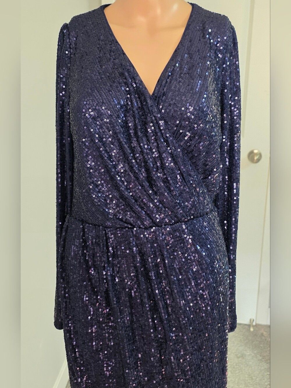 Isaac Mizarahi Live Always Isaac Navy Blue Sequin Wrap Dress XXS Gorgeous! - Picture 6 of 16